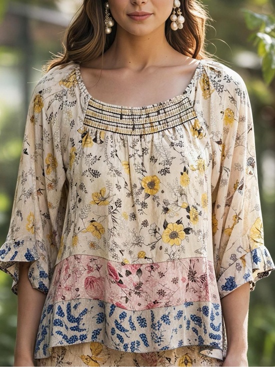 Democracy Tops - Democracy Floral Peasant Blouse - Smocked Boho Tunic Top Pastels NWT Size Medium